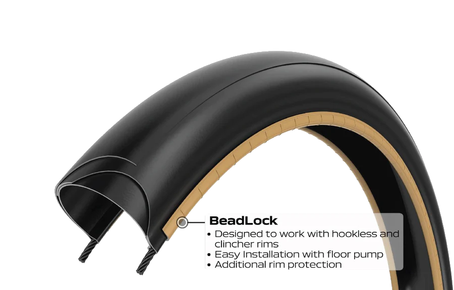 Beadlock. Ретельно розроблений корд підтримує використання покришки на різних типах ободів, включаючи гакові (hooked) та безгакові (hookless). Спеціальна конструкція дозволяє швидко і легко змонтувати покришку безкамерно за допомогою звичайного підлогового насоса, забезпечуючи здатність до адаптації на будь-якому типу покриттів Beadlock. Система спеціально створена для зростаючого гравійного ринку
